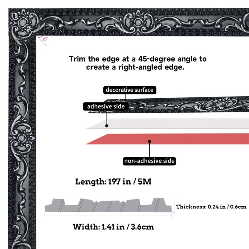 Leenevs Flexible Molding Trim Wall Trim, 16.4 Feet Self Adhesive Peel and Stick Molding Ceiling Molding, Cabinet Border, Mirror Frame Trim Wall Trim for Home Decor Wall Molding (Black and Silver) - Image 2